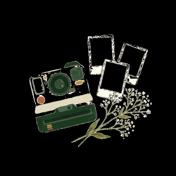 Câmera e fotografias em aquarela